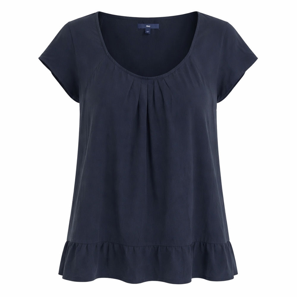 Women's Medium Gap Black Ruffle Hem Top Short Sleeve Pleated Scoop Neck Blouse